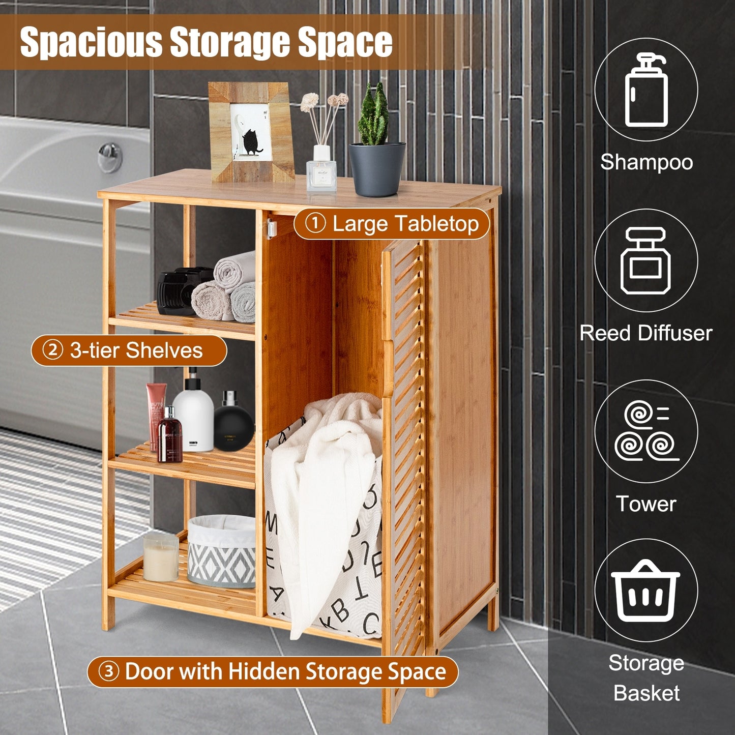 Space Saving Bamboo Storage Cabinet with 3 Shelves and Door