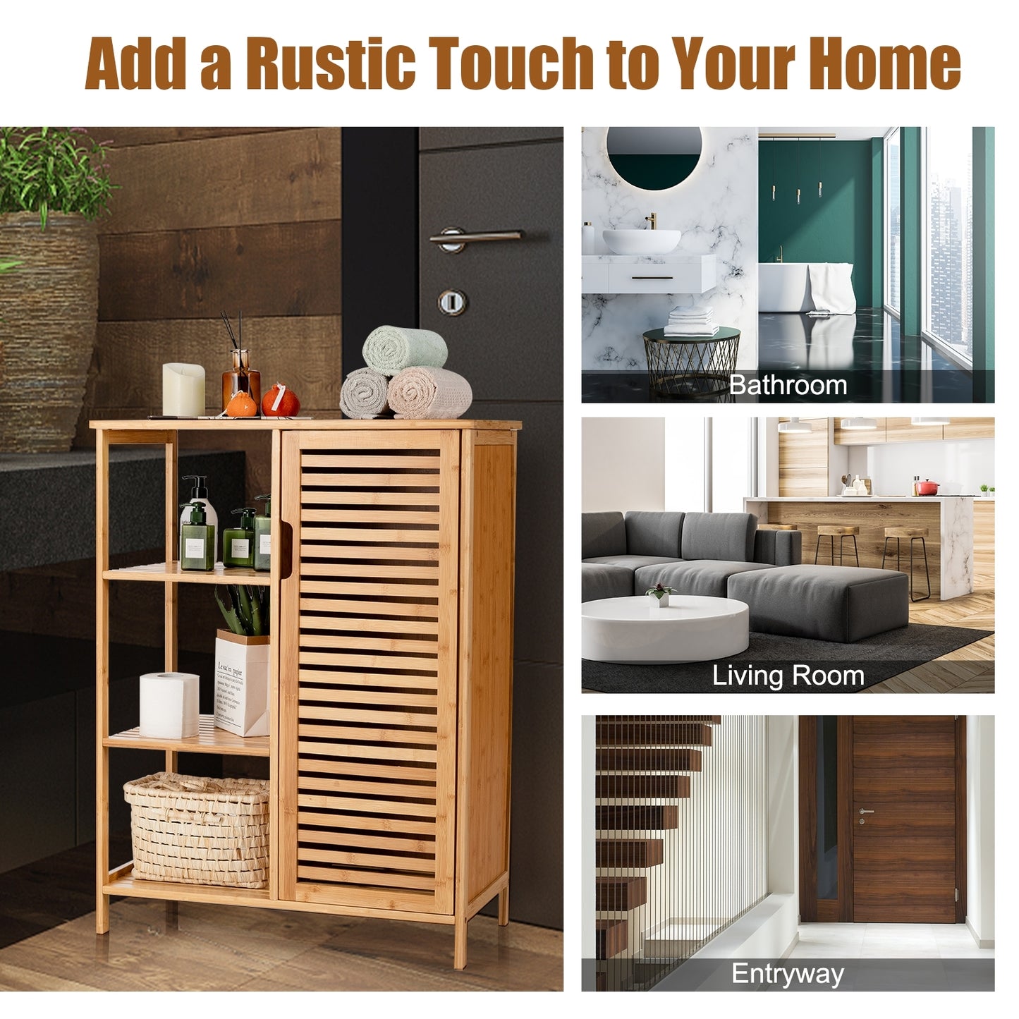 Space Saving Bamboo Storage Cabinet with 3 Shelves and Door