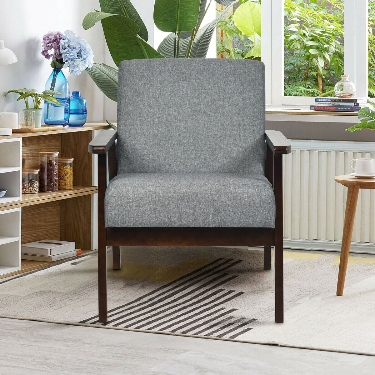 Mid-Century Style Accent Chair with Solid Wood Frame and Soft Fabric Seat, Grey