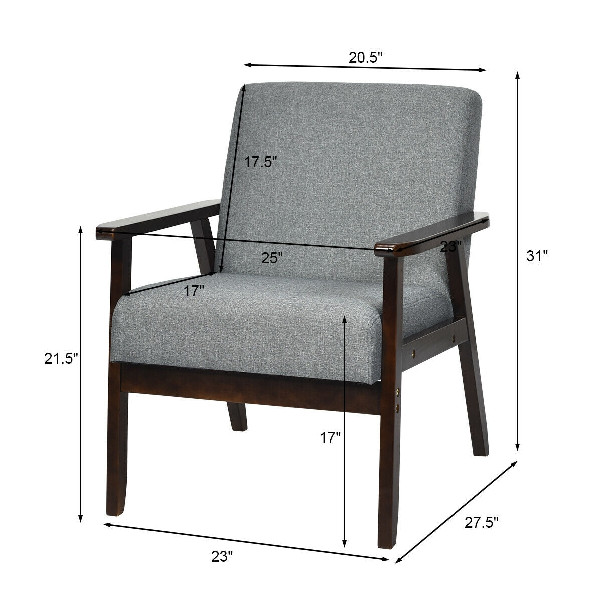 Mid-Century Style Accent Chair with Solid Wood Frame and Soft Fabric Seat, Grey