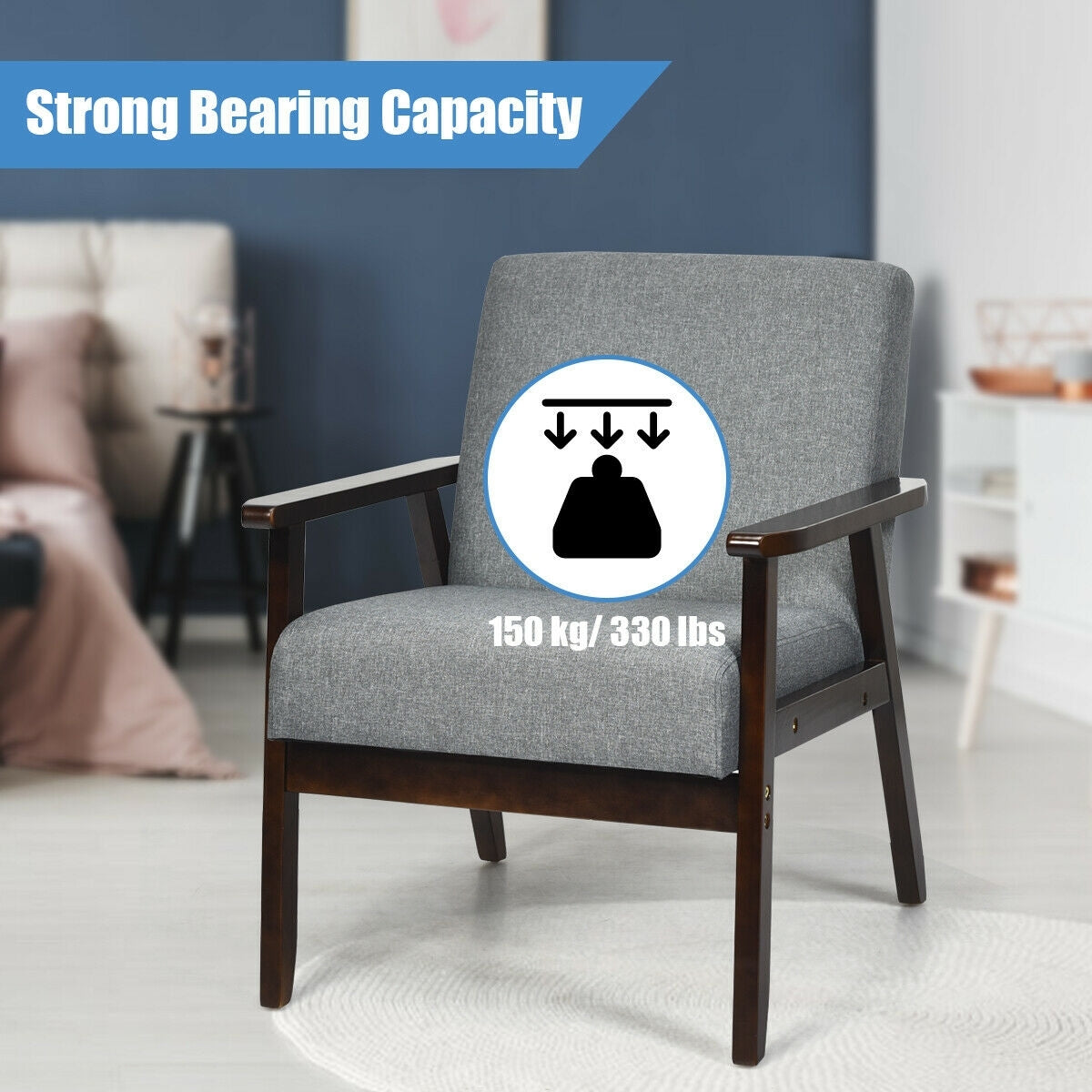 Mid-Century Style Accent Chair with Solid Wood Frame and Soft Fabric Seat, Grey