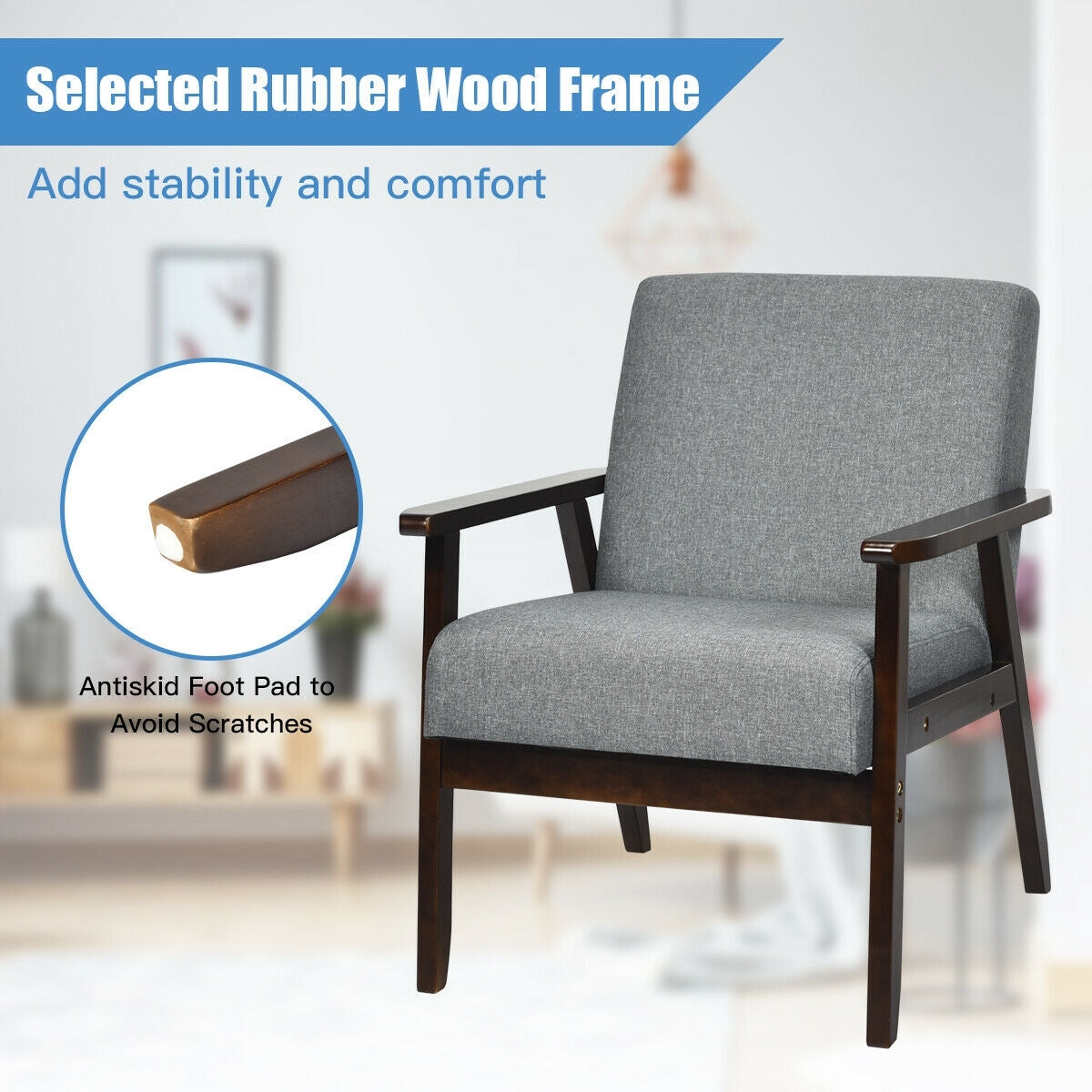 Mid-Century Style Accent Chair with Solid Wood Frame and Soft Fabric Seat, Grey