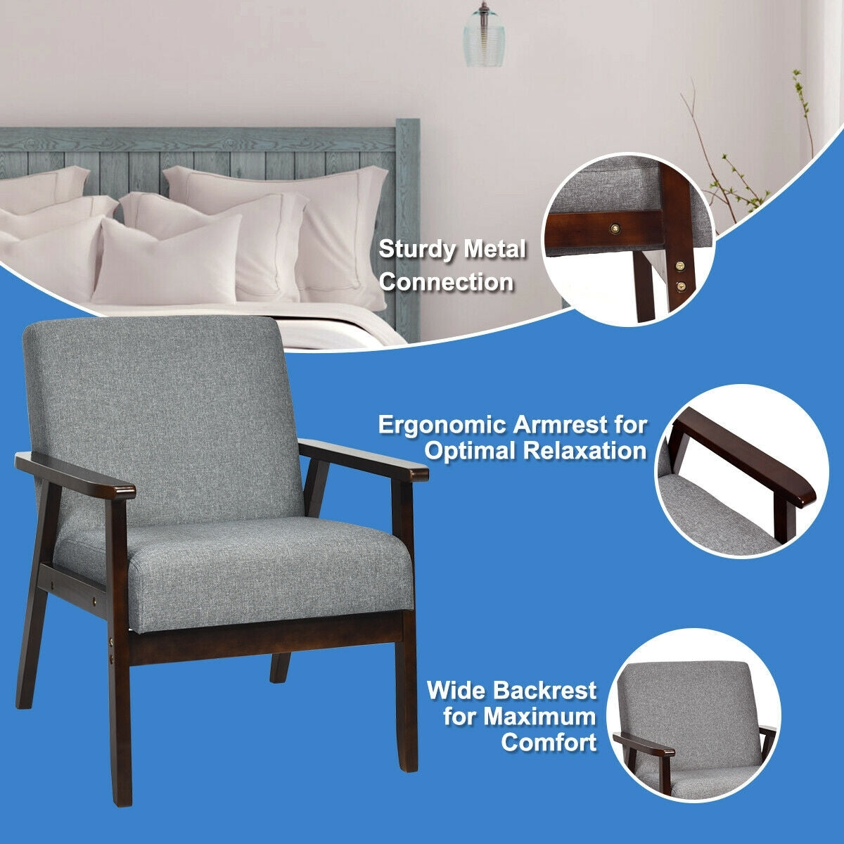 Mid-Century Style Accent Chair with Solid Wood Frame and Soft Fabric Seat, Grey