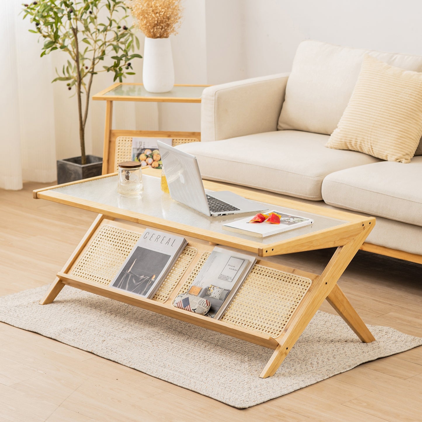 Bamboo Coffee Table with Tempered Glass Top and Handwoven Rattan Shelf