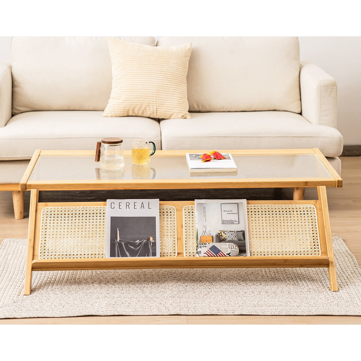Bamboo Coffee Table with Tempered Glass Top and Handwoven Rattan Shelf