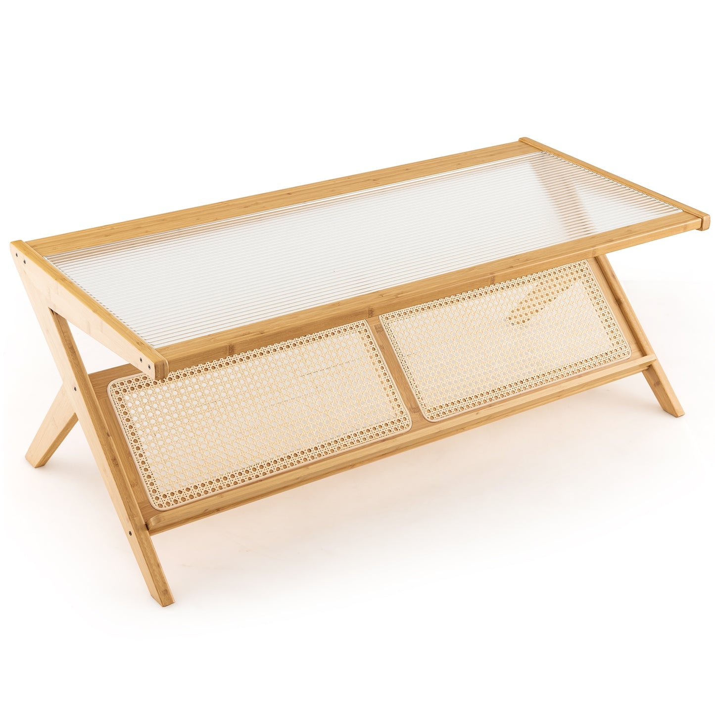 Bamboo Coffee Table with Tempered Glass Top and Handwoven Rattan Shelf