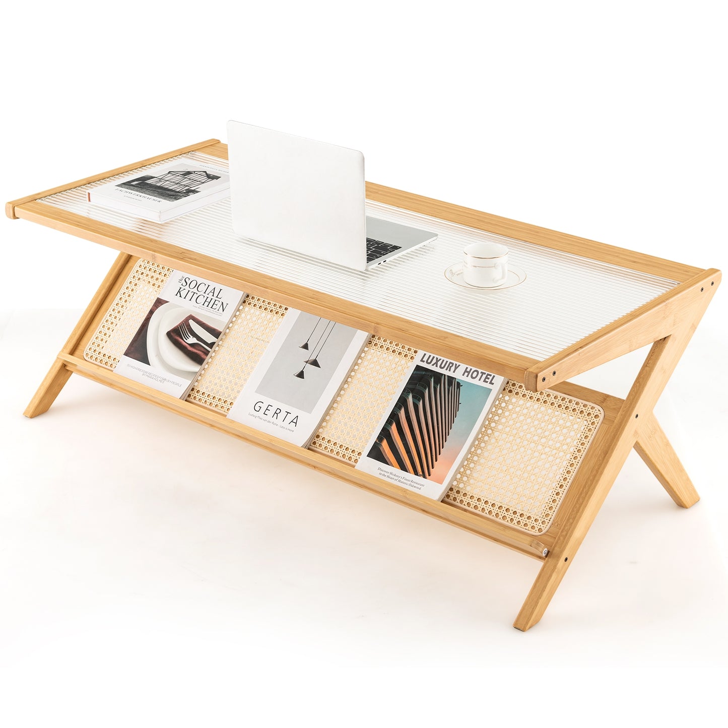 Bamboo Coffee Table with Tempered Glass Top and Handwoven Rattan Shelf