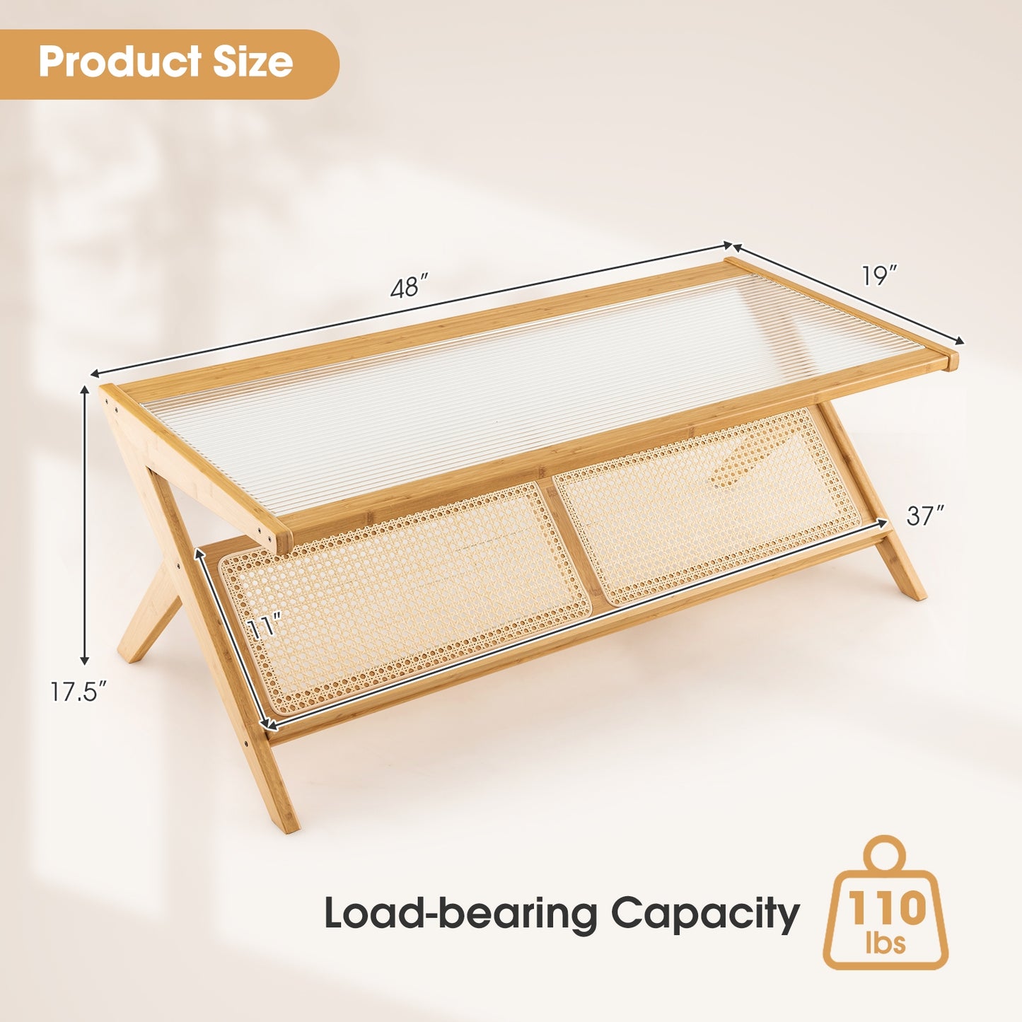 Bamboo Coffee Table with Tempered Glass Top and Handwoven Rattan Shelf