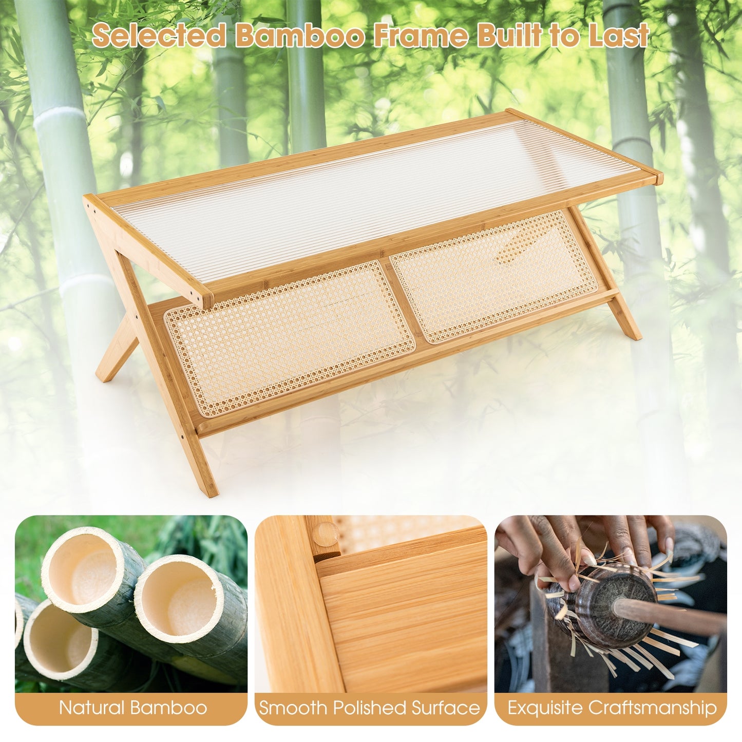 Bamboo Coffee Table with Tempered Glass Top and Handwoven Rattan Shelf