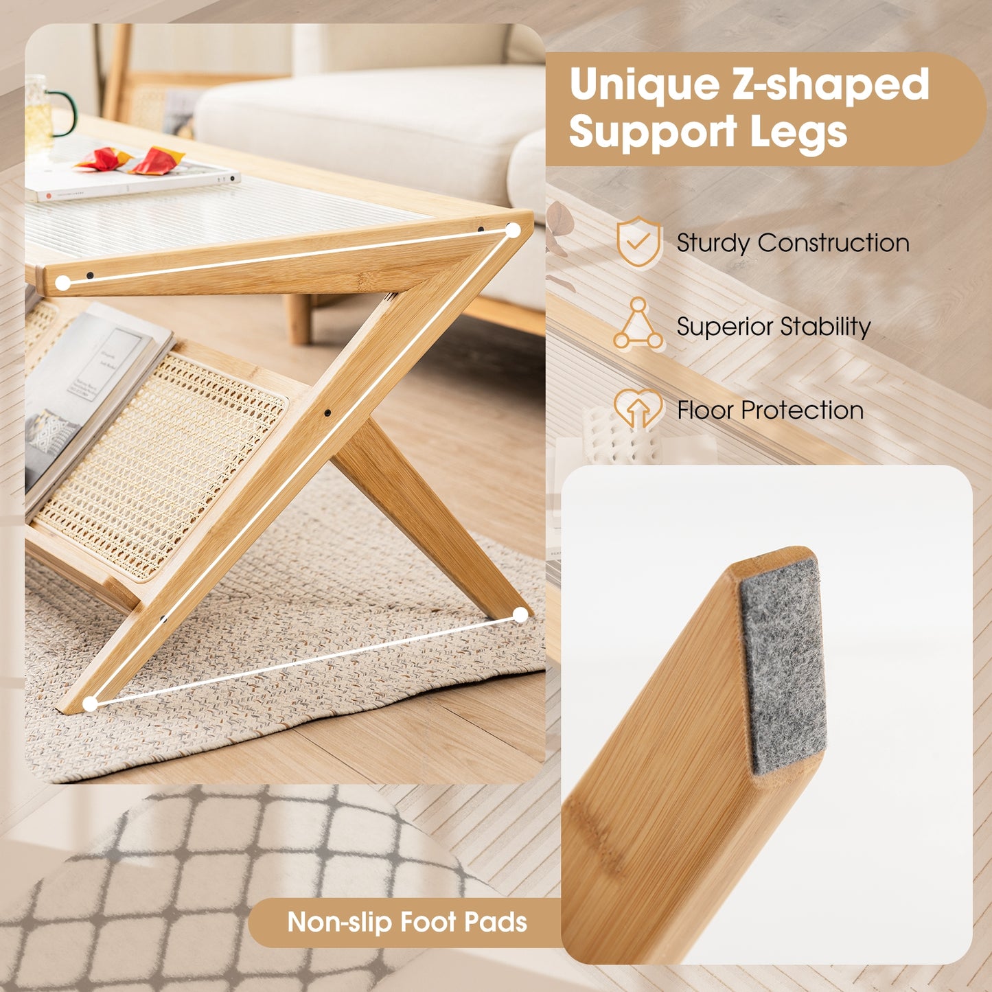 Bamboo Coffee Table with Tempered Glass Top and Handwoven Rattan Shelf