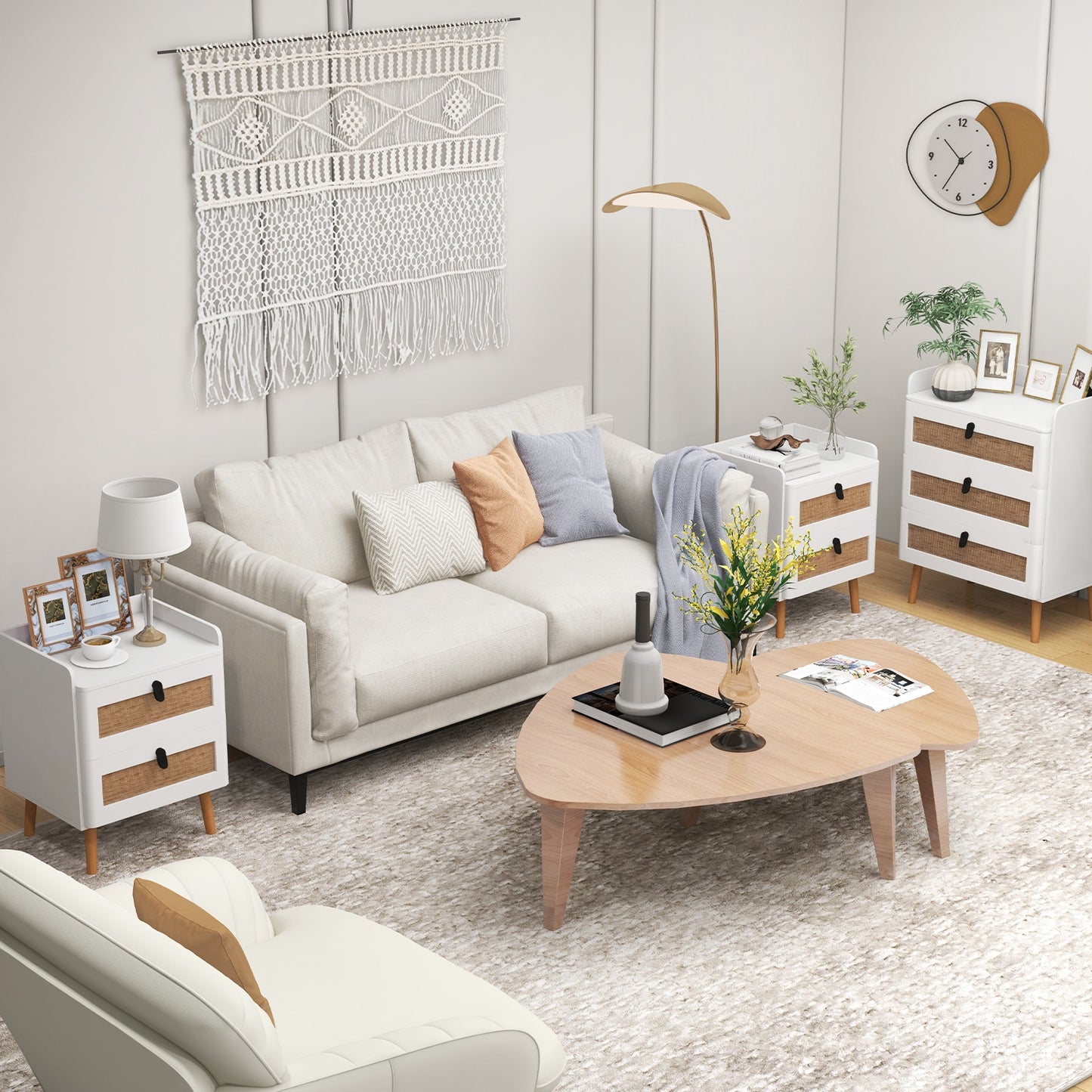 Modern End Table with 2 Rattan-Decorated Drawers for Storage
