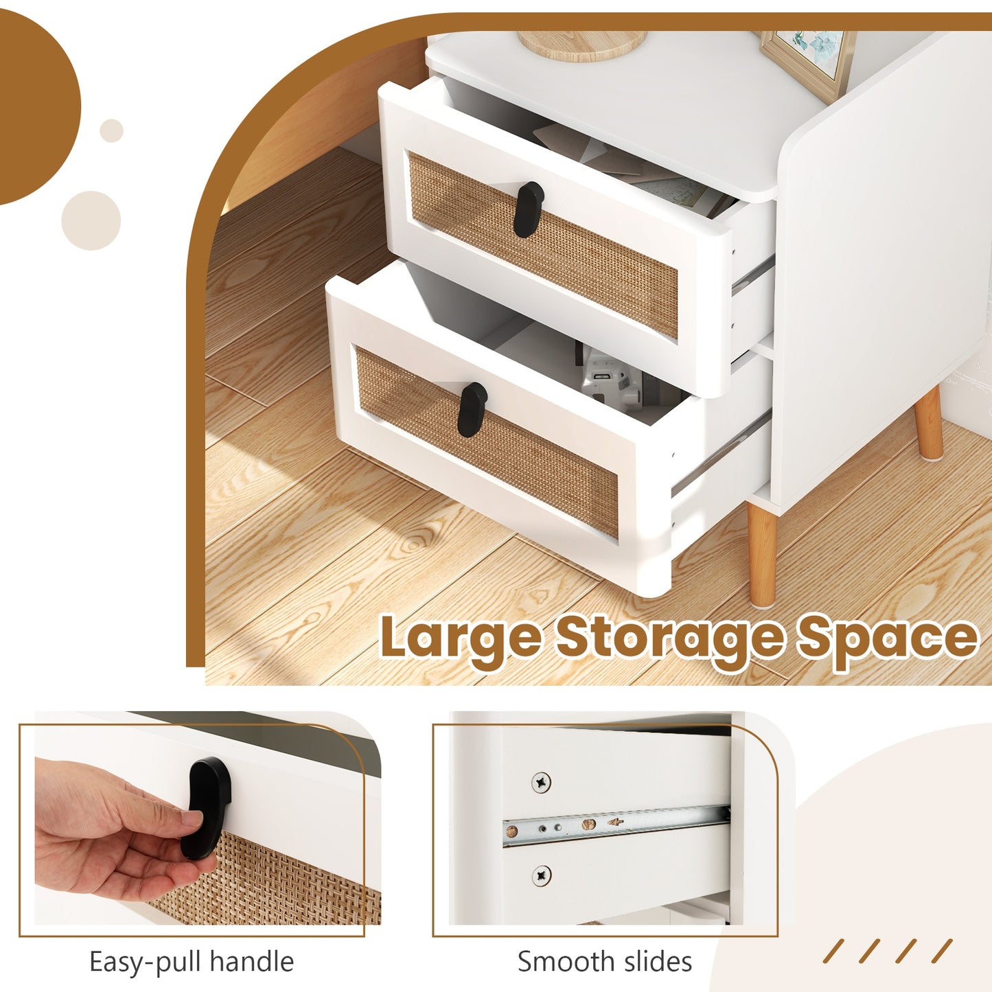Modern End Table with 2 Rattan-Decorated Drawers for Storage
