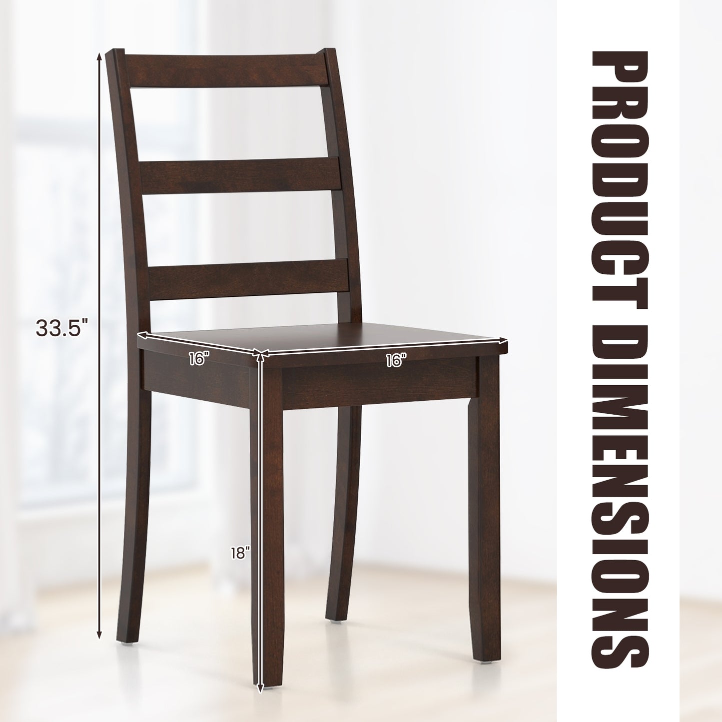 Pair of Dining Chairs with Solid Rubber Wood Legs and Ladder Backrest - Brown