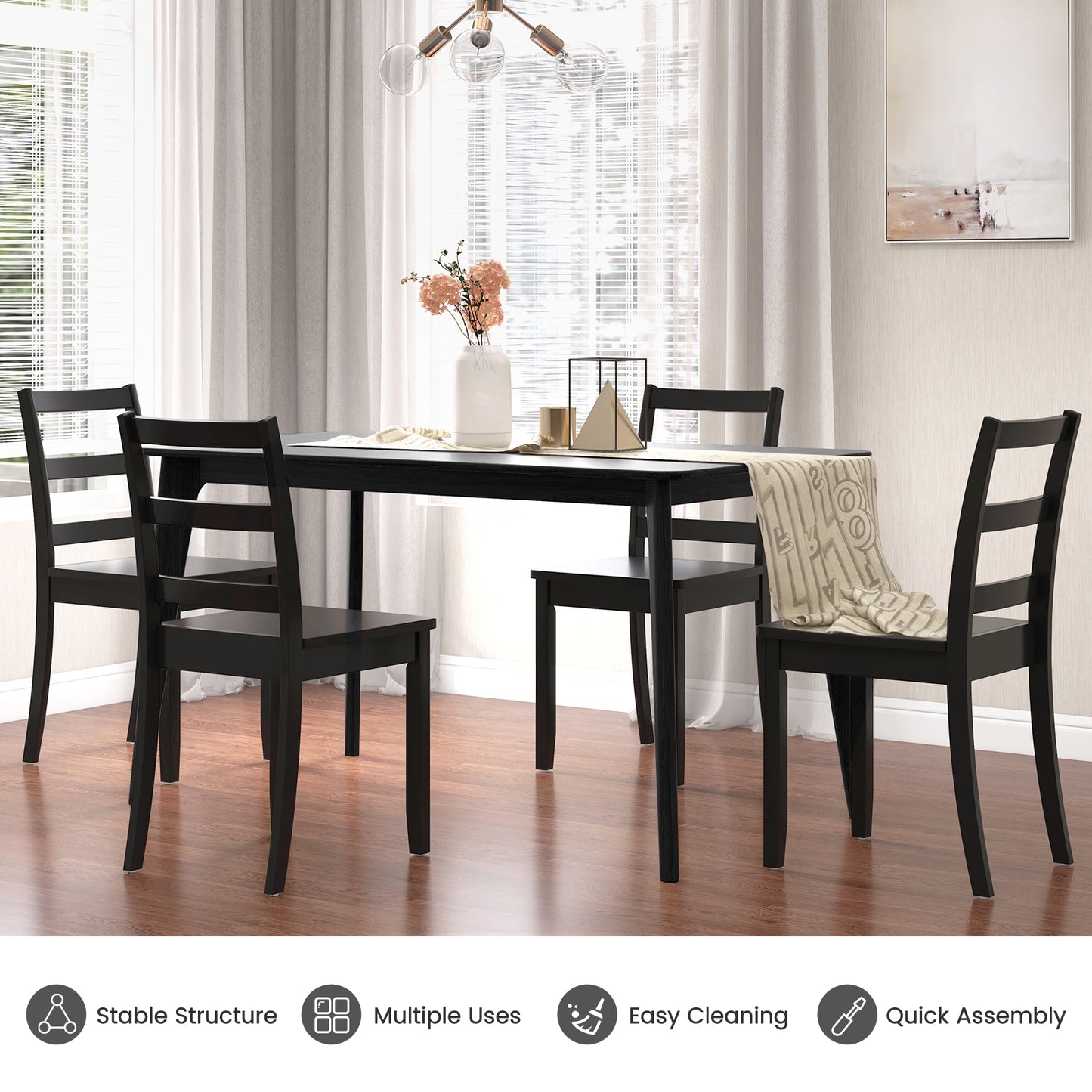 Pair of Dining Chairs with Solid Rubber Wood Legs and Ladder Backrest - Black