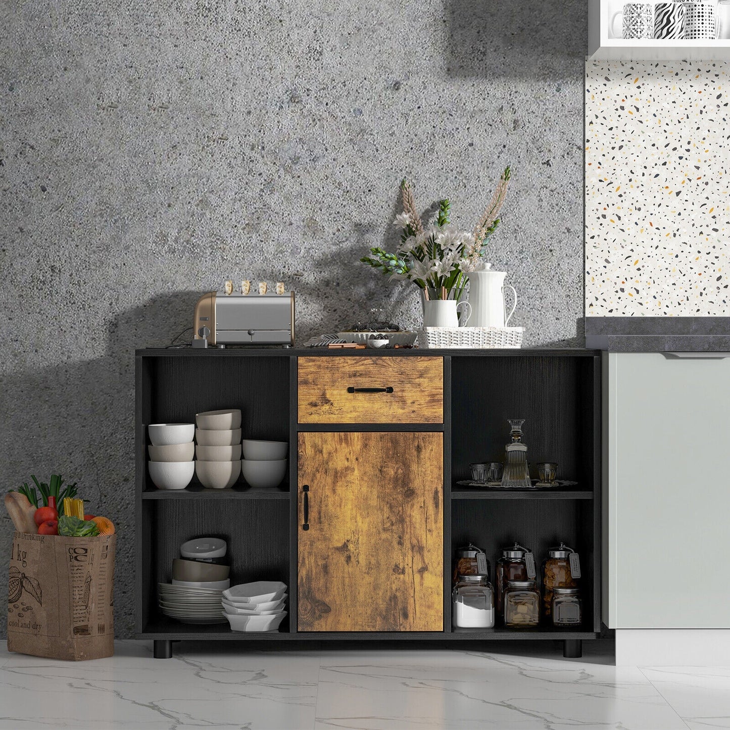 48 Inch Industrial Style Buffet Sideboard with Open Storage Cubbies and Cabinet