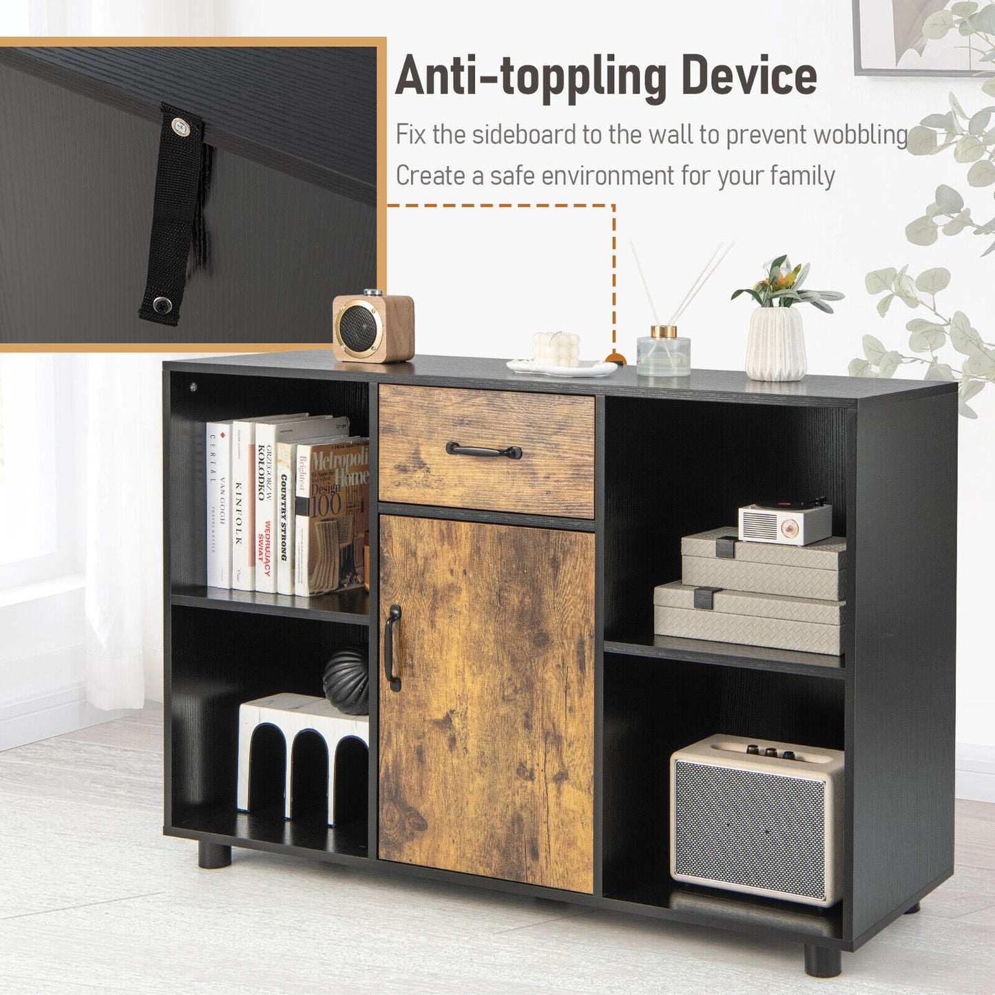 48 Inch Industrial Style Buffet Sideboard with Open Storage Cubbies and Cabinet