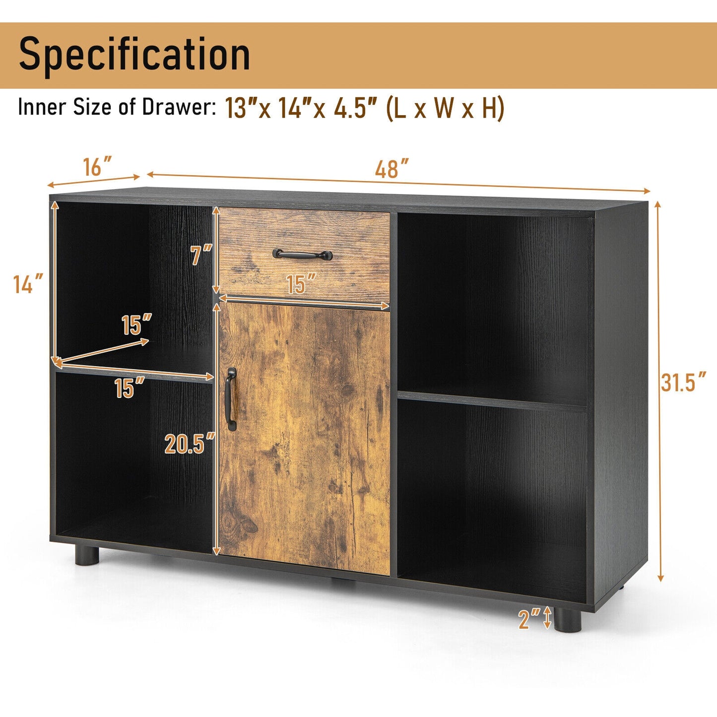 48 Inch Industrial Style Buffet Sideboard with Open Storage Cubbies and Cabinet