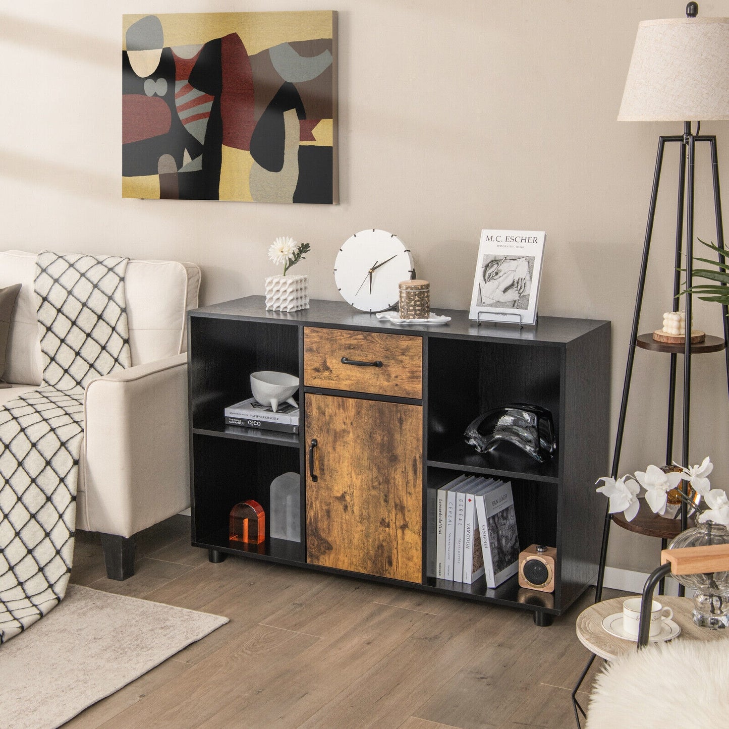 48 Inch Industrial Style Buffet Sideboard with Open Storage Cubbies and Cabinet