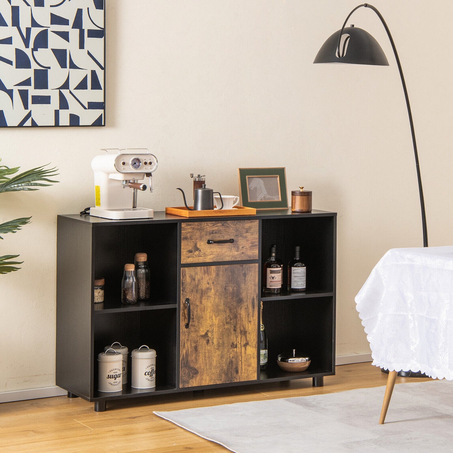 48 Inch Industrial Style Buffet Sideboard with Open Storage Cubbies and Cabinet