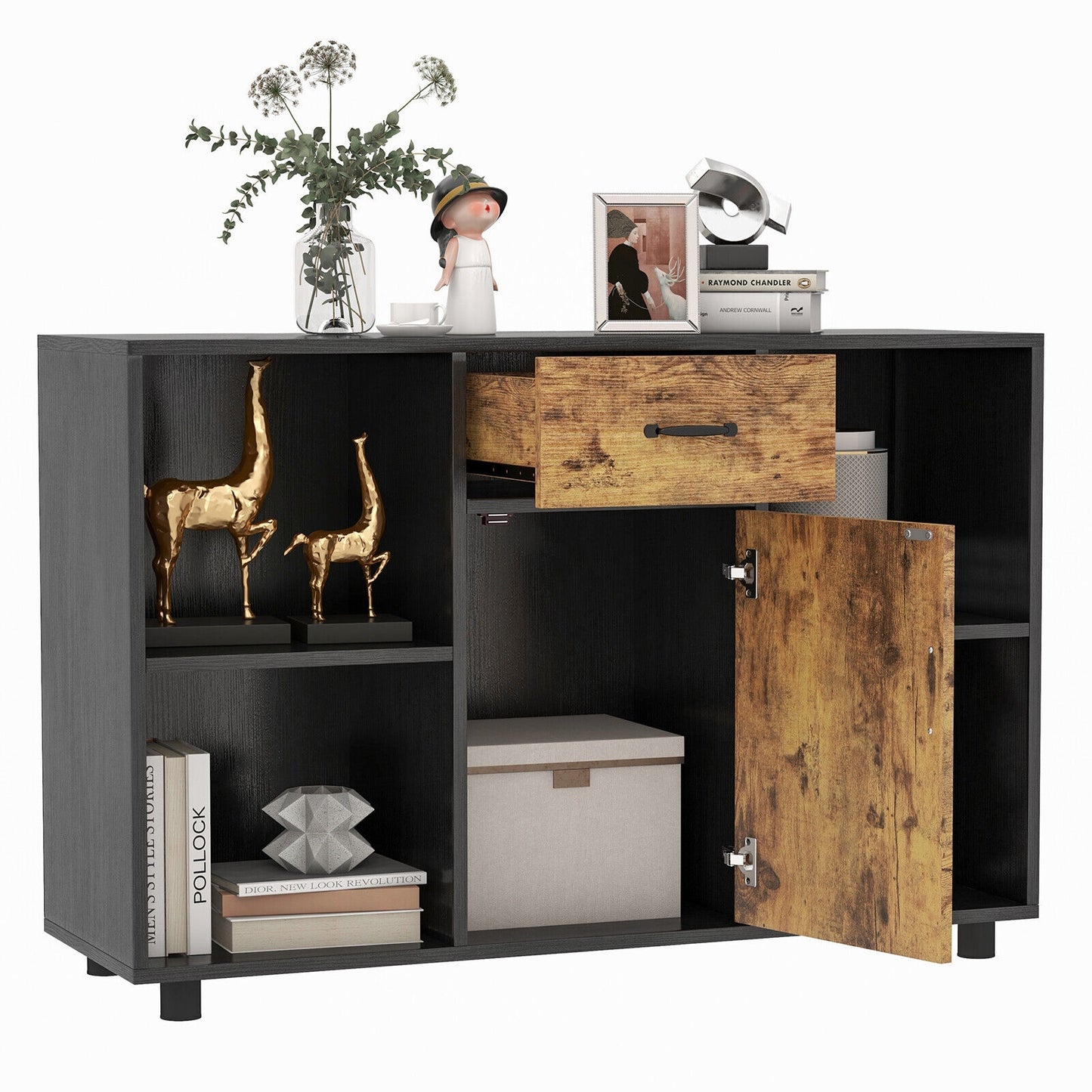 48 Inch Industrial Style Buffet Sideboard with Open Storage Cubbies and Cabinet