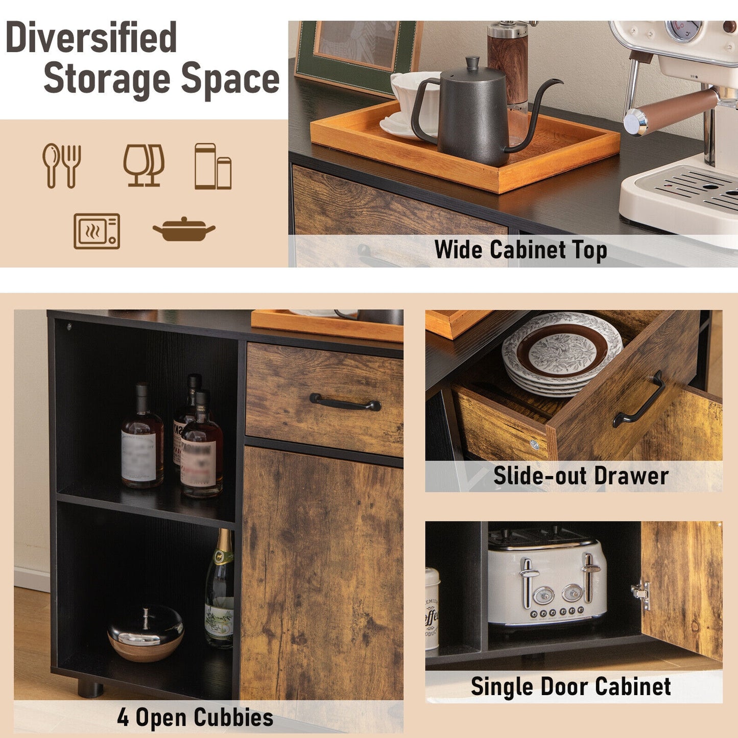 48 Inch Industrial Style Buffet Sideboard with Open Storage Cubbies and Cabinet