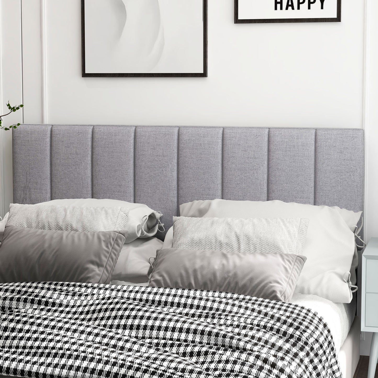 Adjustable Width Linen Upholstered Headboard with Solid Wood Legs - Grey