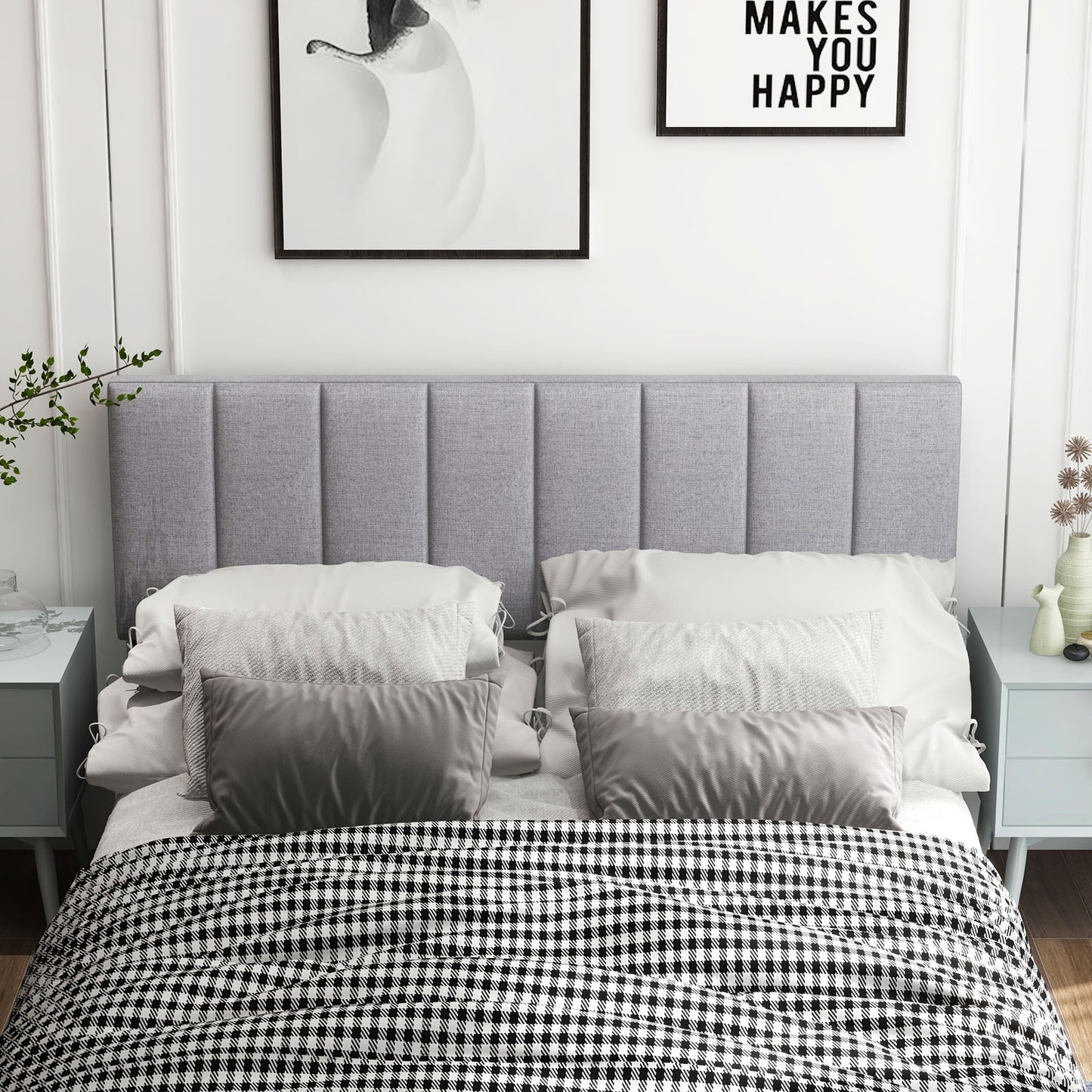 Adjustable Width Linen Upholstered Headboard with Solid Wood Legs - Grey