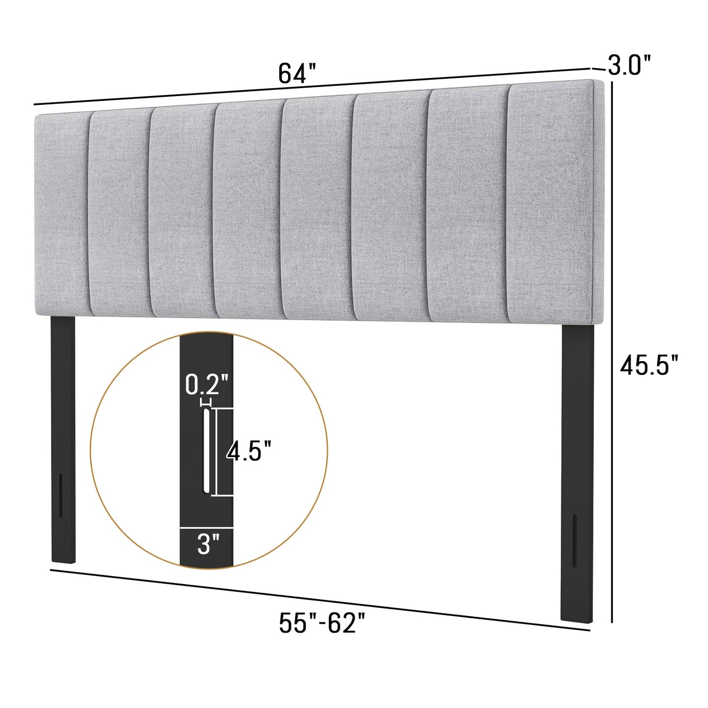Adjustable Width Linen Upholstered Headboard with Solid Wood Legs - Grey