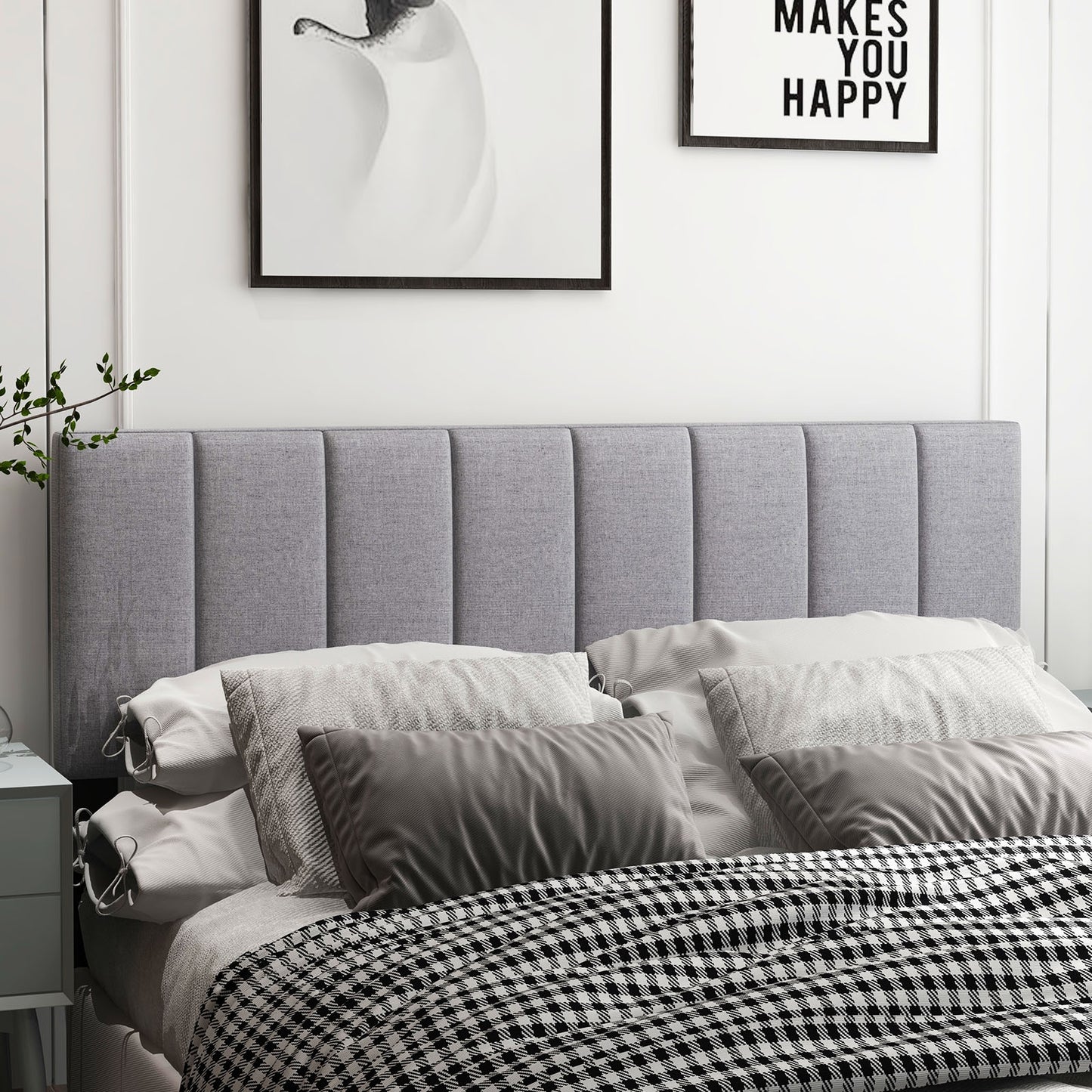 Adjustable Width Linen Upholstered Headboard with Solid Wood Legs - Grey