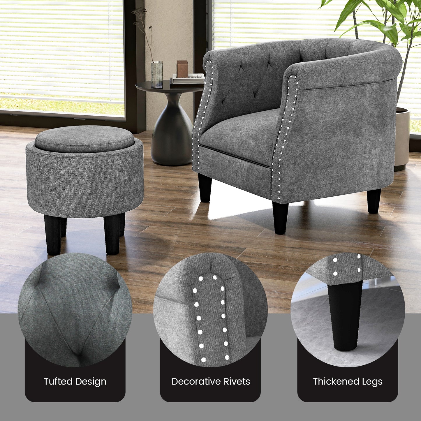 Contemporary Barrel Accent Chair with Matching Ottoman and Footrest