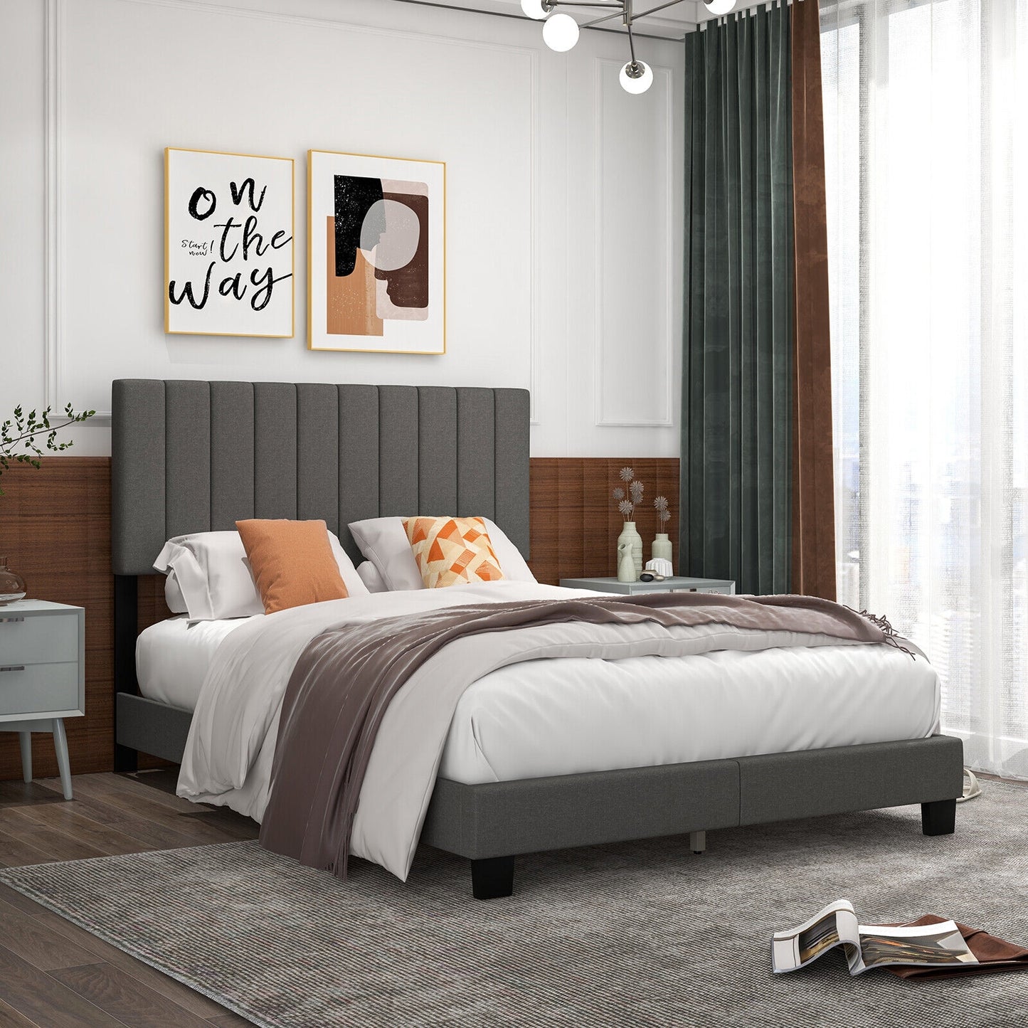 Queen Size Upholstered Platform Bed with Vertical Channel Tufted Headboard in Grey