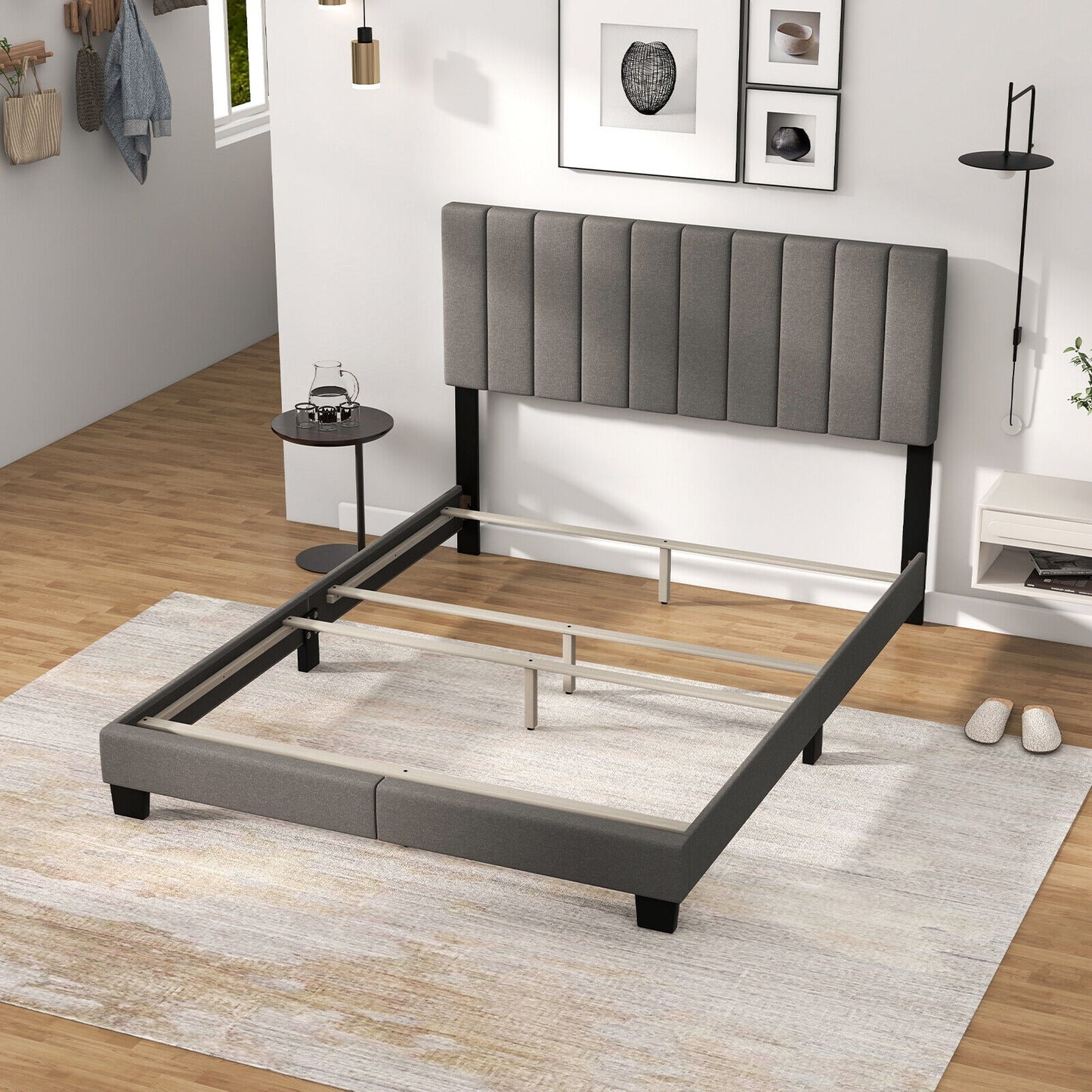 Queen Size Upholstered Platform Bed with Vertical Channel Tufted Headboard in Grey