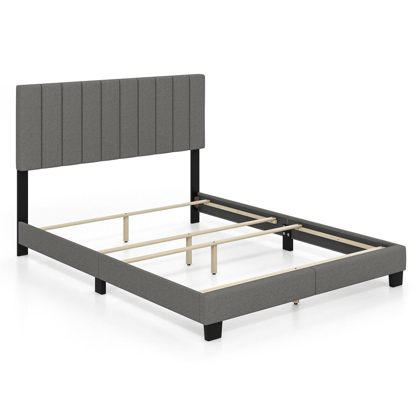 Queen Size Upholstered Platform Bed with Vertical Channel Tufted Headboard in Grey