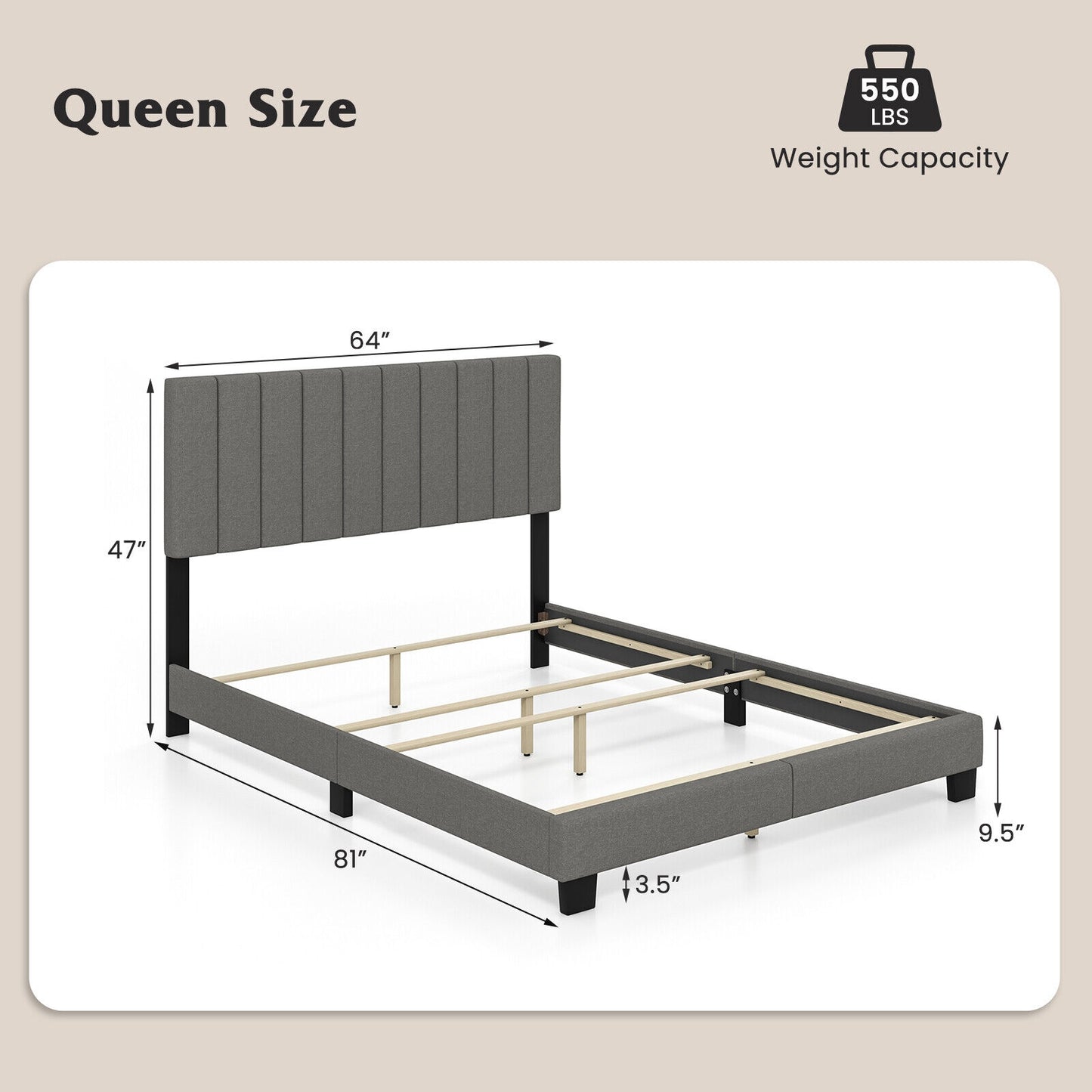 Queen Size Upholstered Platform Bed with Vertical Channel Tufted Headboard in Grey
