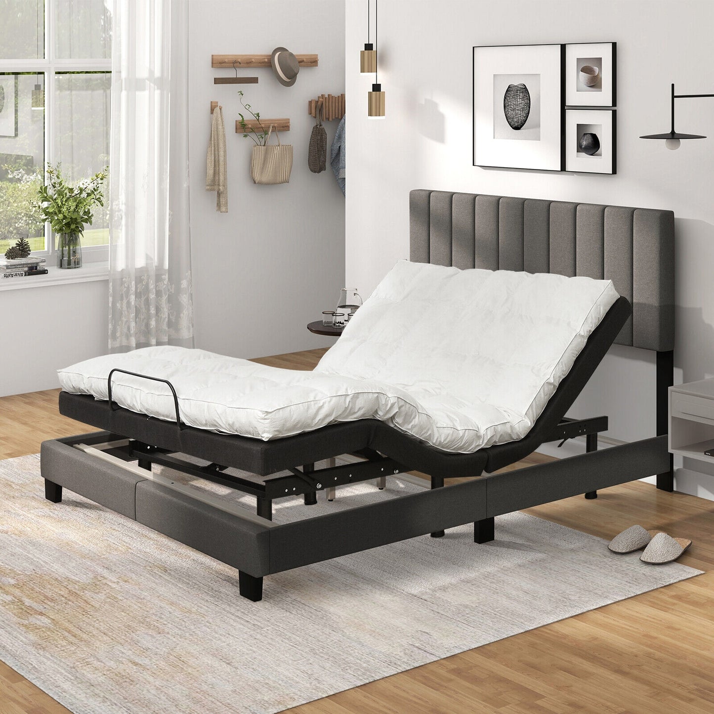 Queen Size Upholstered Platform Bed with Vertical Channel Tufted Headboard in Grey