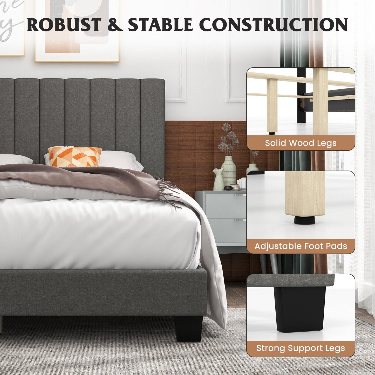 Queen Size Upholstered Platform Bed with Vertical Channel Tufted Headboard in Grey