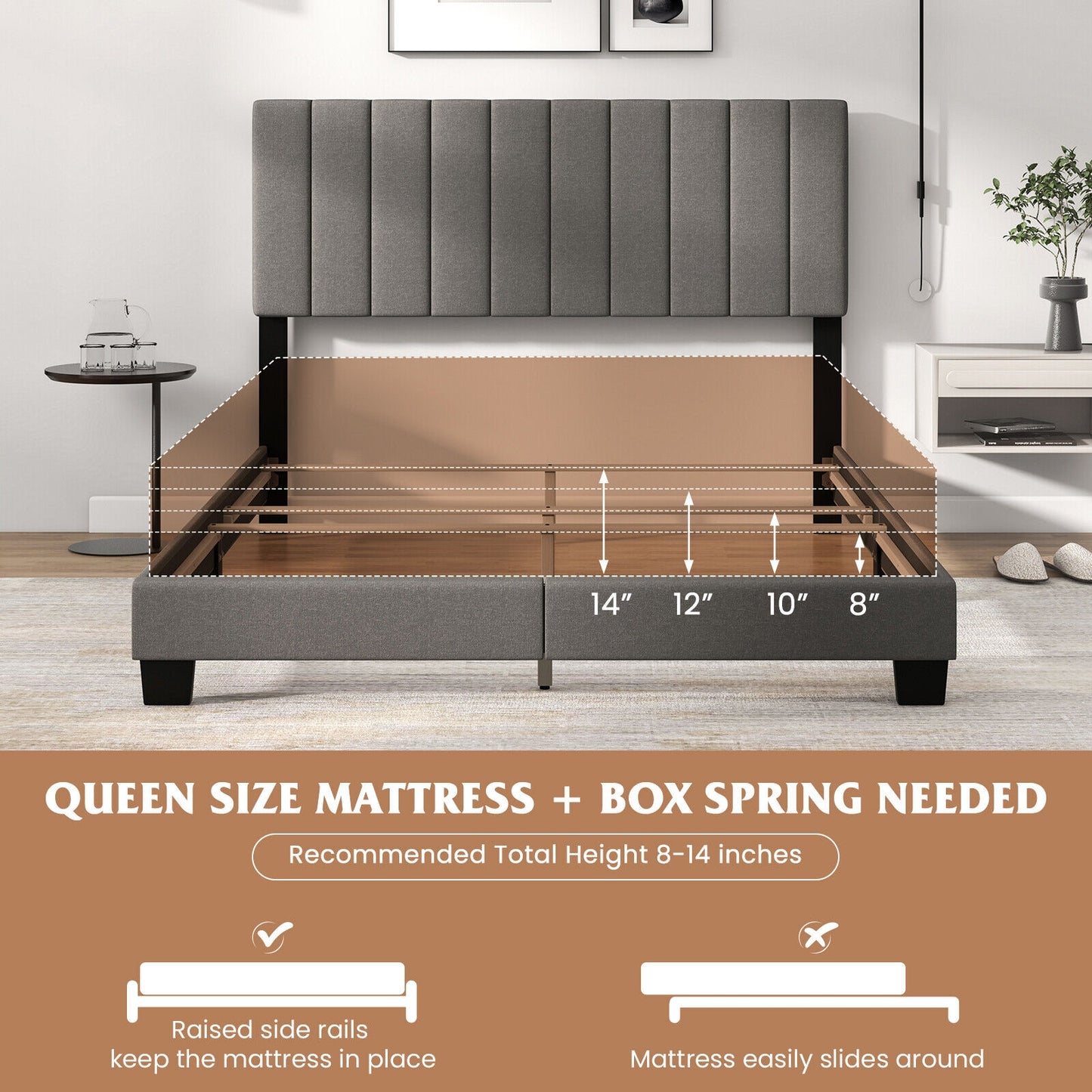 Queen Size Upholstered Platform Bed with Vertical Channel Tufted Headboard in Grey