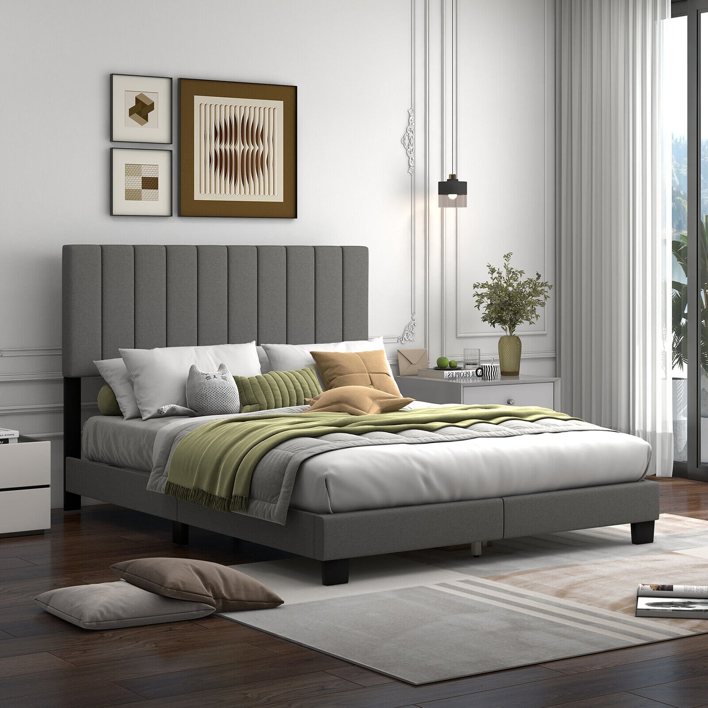 Queen Size Upholstered Platform Bed with Vertical Channel Tufted Headboard in Grey