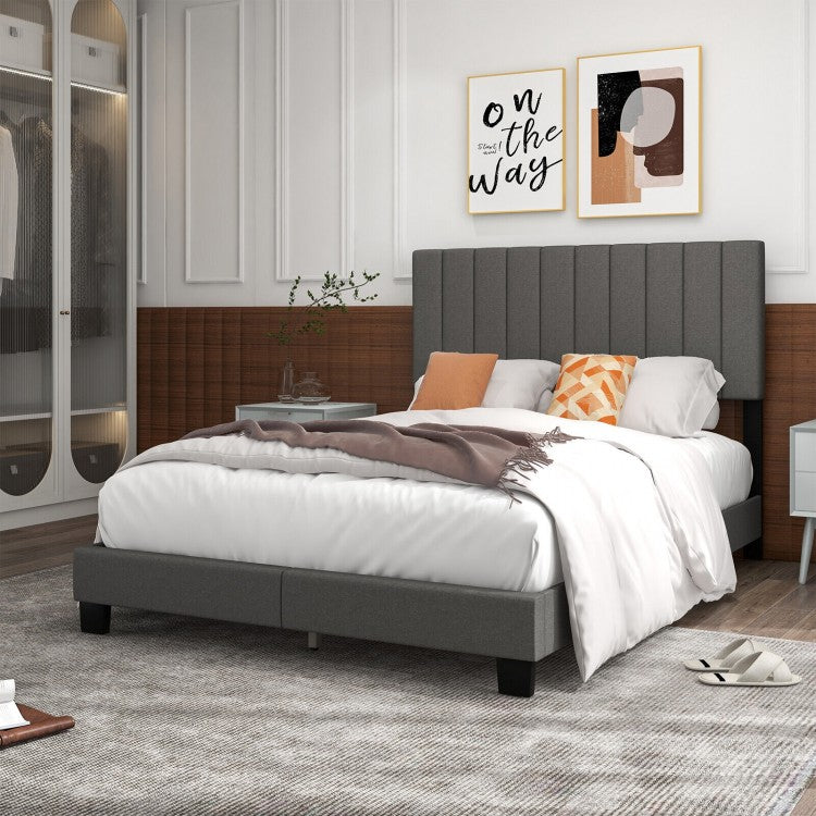 Queen Size Upholstered Platform Bed with Vertical Channel Tufted Headboard in Grey
