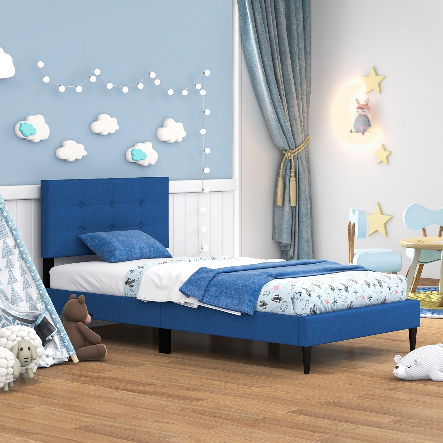 Modern Twin Size Upholstered Platform Bed with Button-Tufted Headboard in Blue