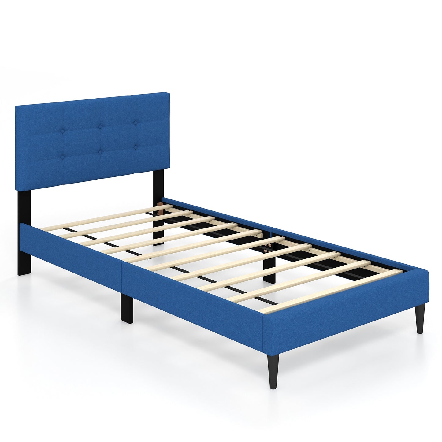 Modern Twin Size Upholstered Platform Bed with Button-Tufted Headboard in Blue