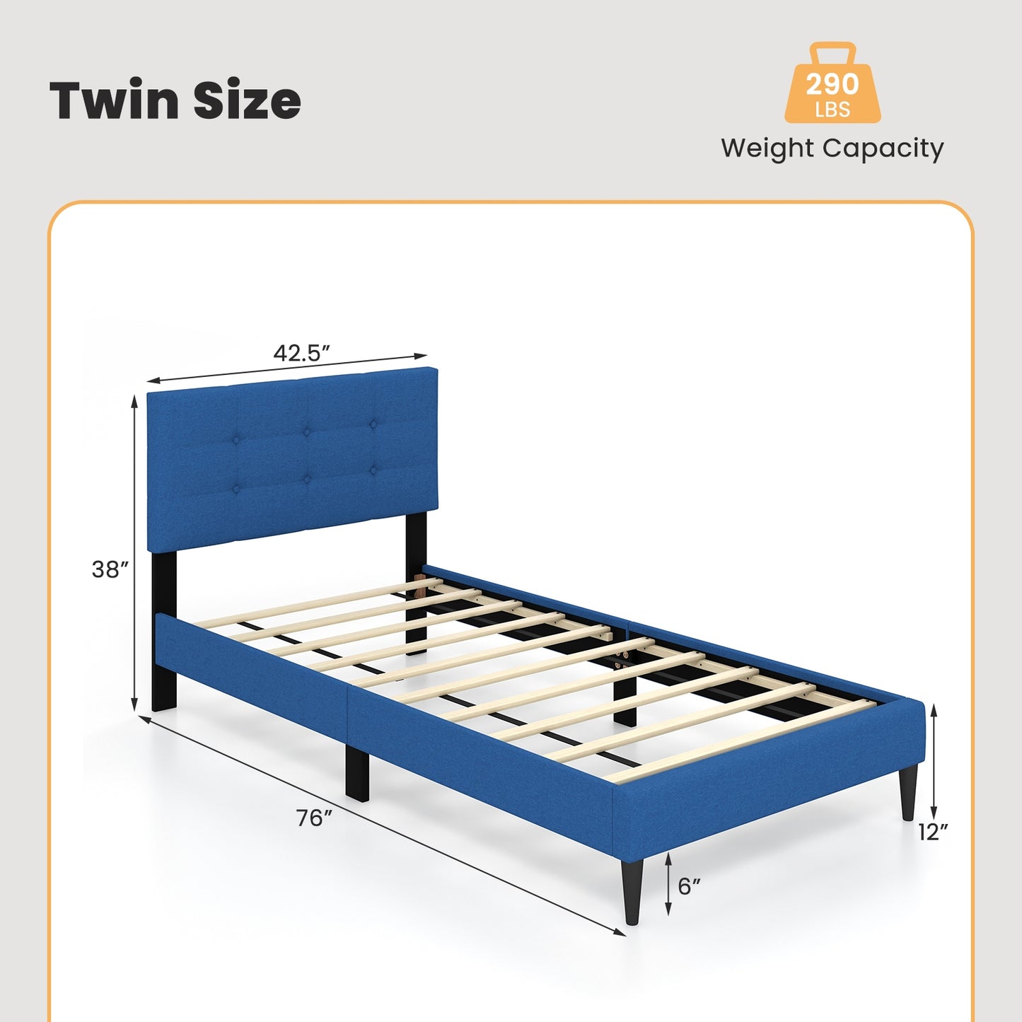 Modern Twin Size Upholstered Platform Bed with Button-Tufted Headboard in Blue