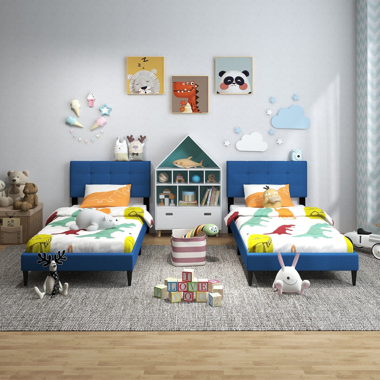 Modern Twin Size Upholstered Platform Bed with Button-Tufted Headboard in Blue