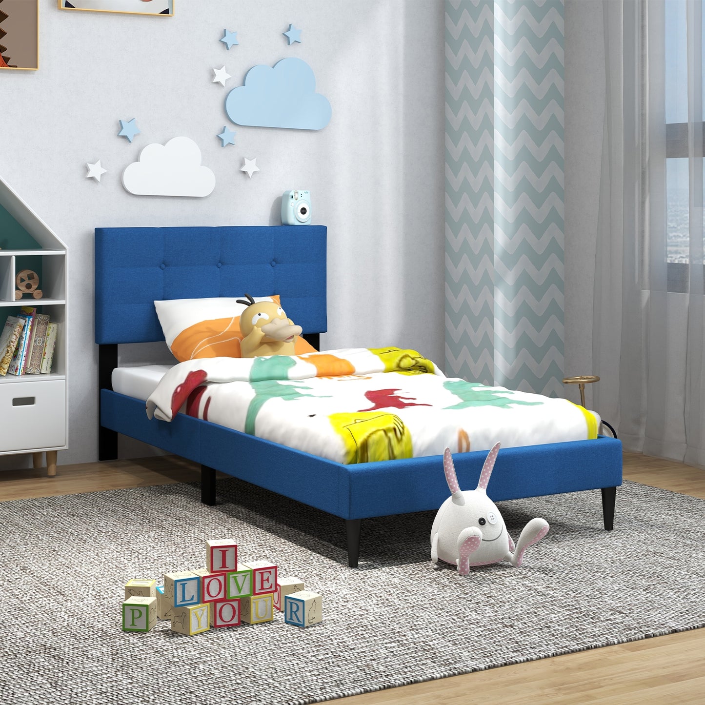Modern Twin Size Upholstered Platform Bed with Button-Tufted Headboard in Blue