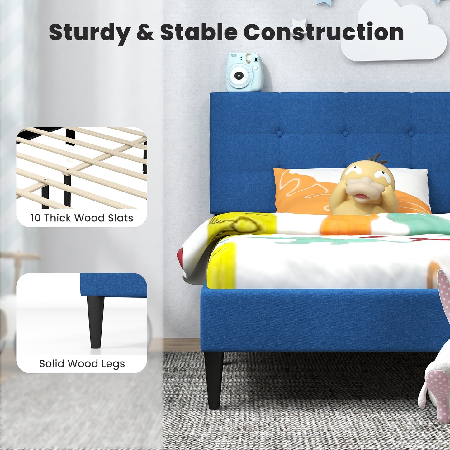 Modern Twin Size Upholstered Platform Bed with Button-Tufted Headboard in Blue