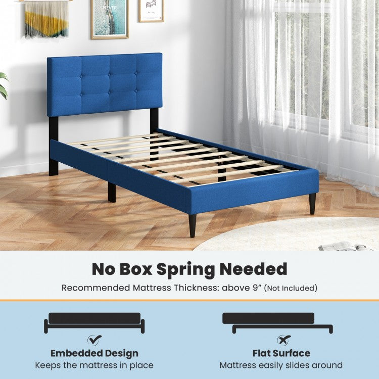 Modern Twin Size Upholstered Platform Bed with Button-Tufted Headboard in Blue