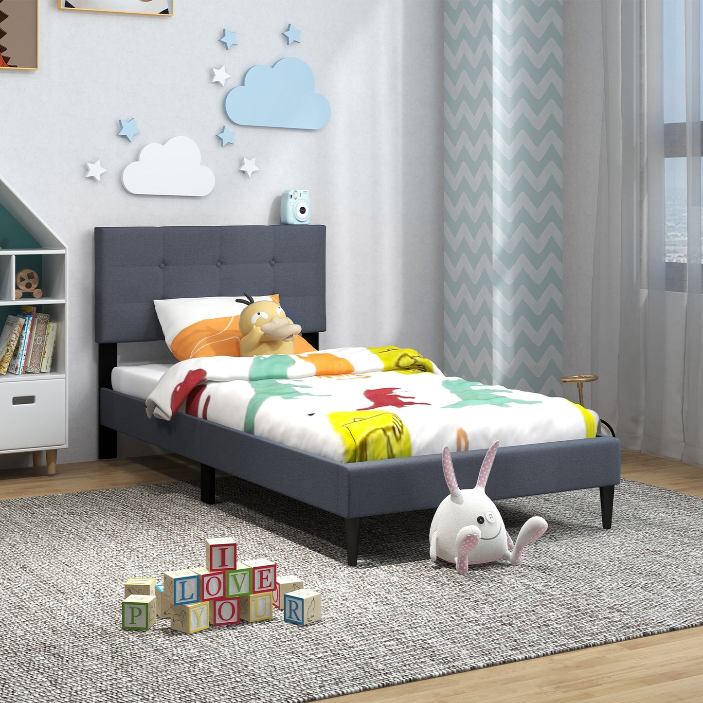 Modern Twin Size Upholstered Platform Bed with Button-Tufted Headboard in Grey