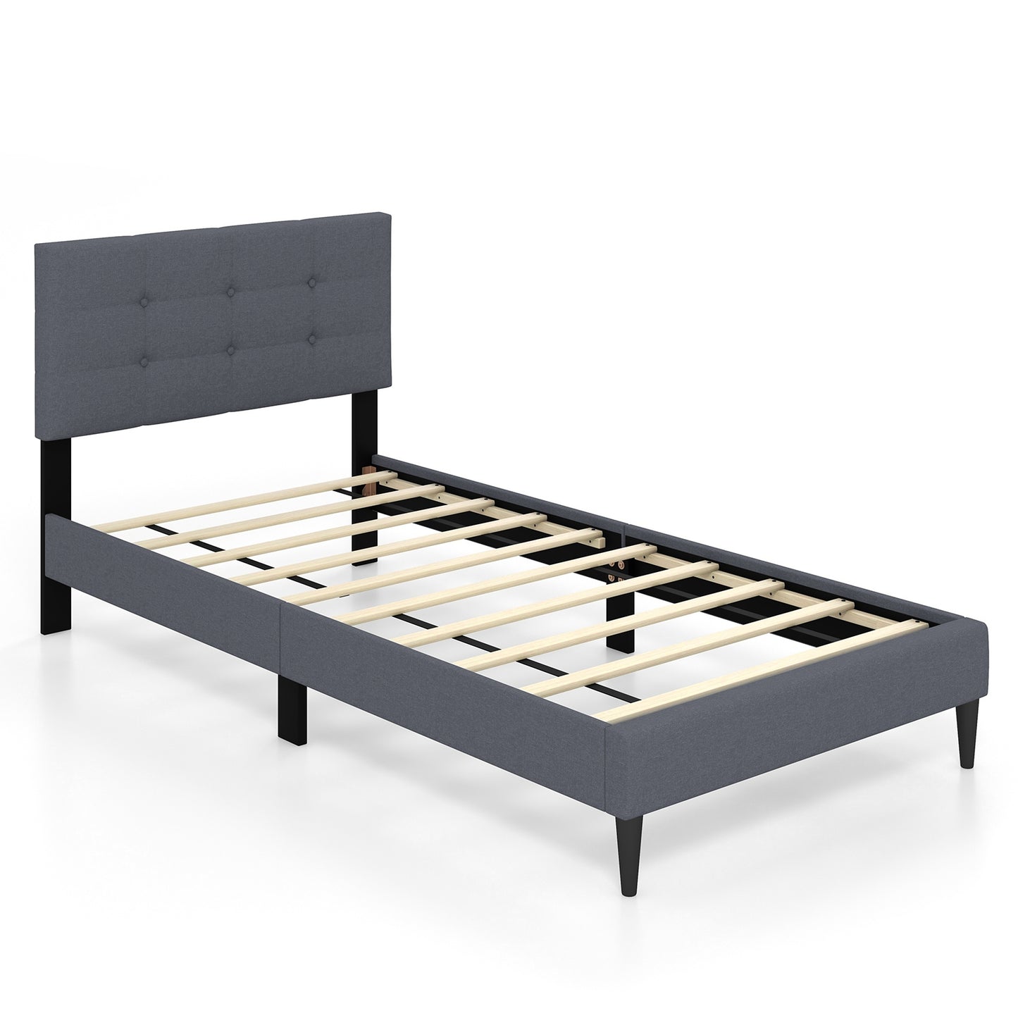 Modern Twin Size Upholstered Platform Bed with Button-Tufted Headboard in Grey