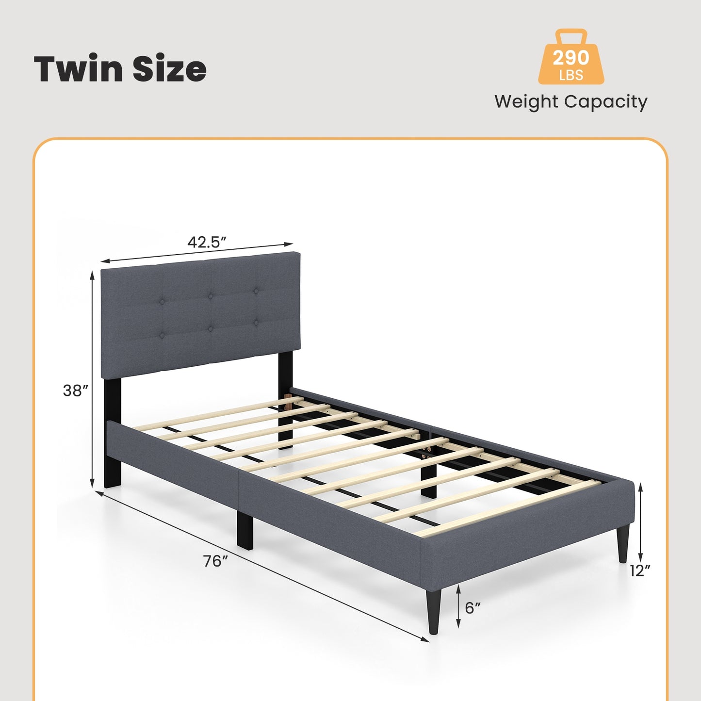 Modern Twin Size Upholstered Platform Bed with Button-Tufted Headboard in Grey