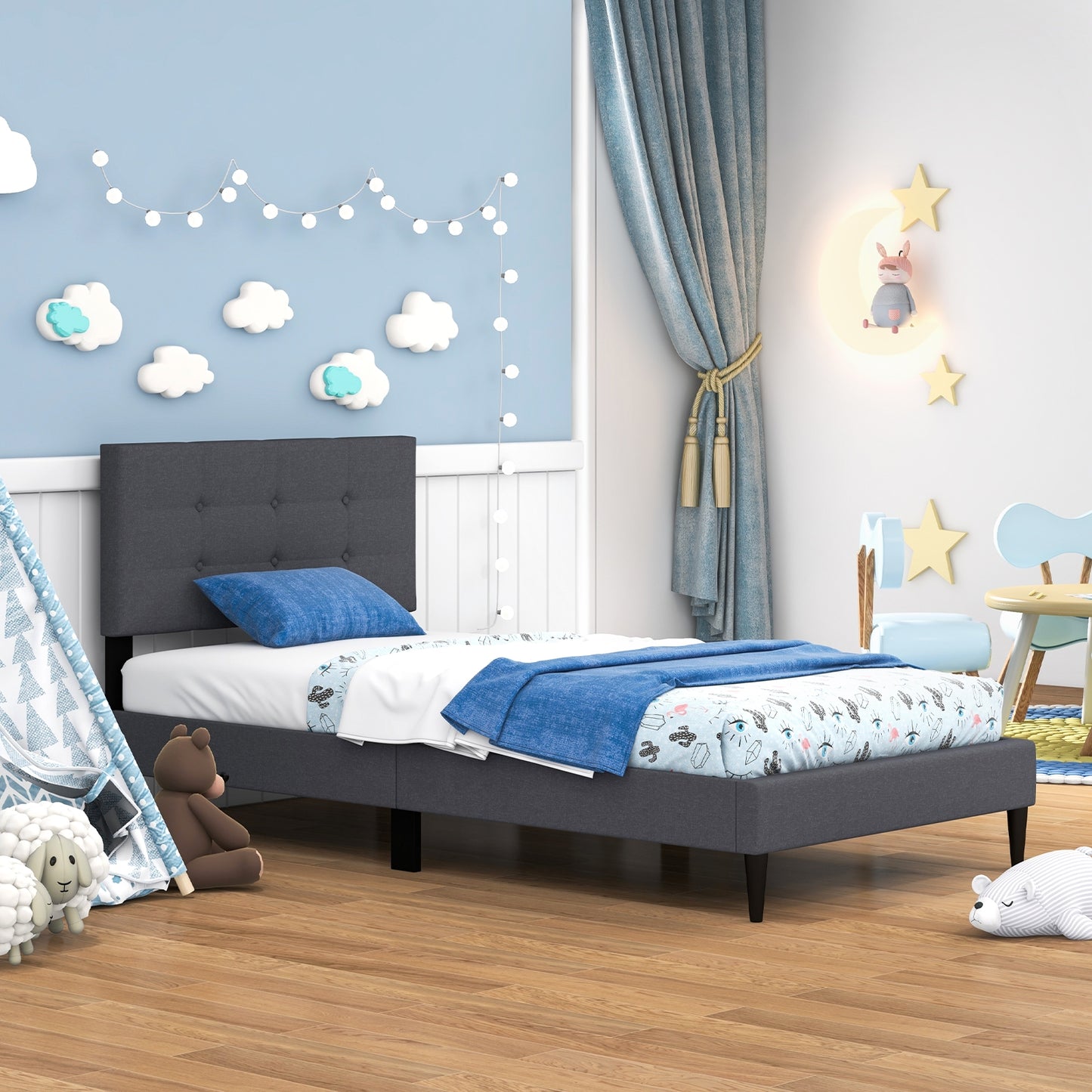 Modern Twin Size Upholstered Platform Bed with Button-Tufted Headboard in Grey